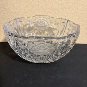 Vintage Crystal 24% Lead Oval Bowl with Frosted Roses 8.5x5.5x3.5